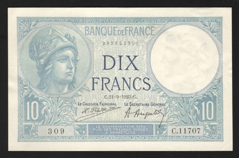 France 10 Francs 1923 Rare
P# 73c; Very rare in this condition; aUNC