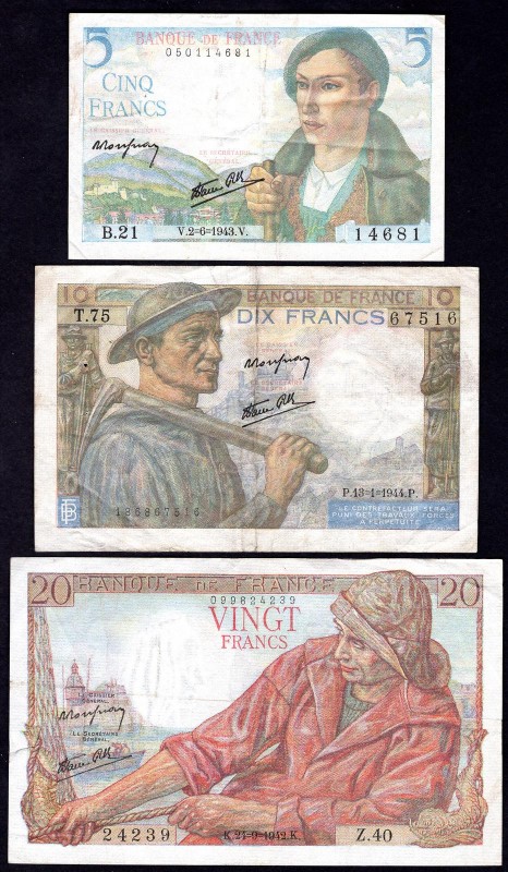 France Lot of 3 Banknotes 1942 - 1944
5 - 10 - 20 Francs; P# 98a, 99e, 100a; VF