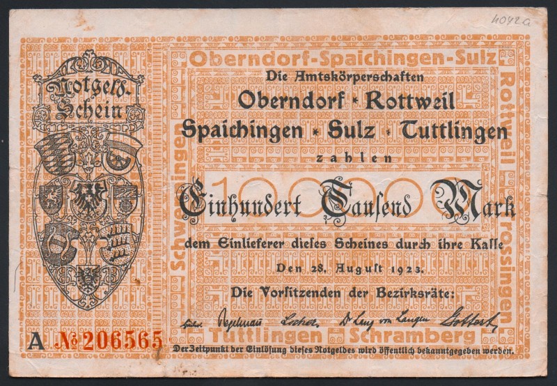 Germany 100 000 Mark 1923 Oberndorf Notgeld
Keller# 4042a; № 206565; Big Number...