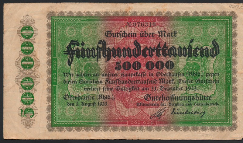 Germany 500 000 Mark 1923 Oberhausen-Rhid Notgeld
Keller# 4019c; № 076310