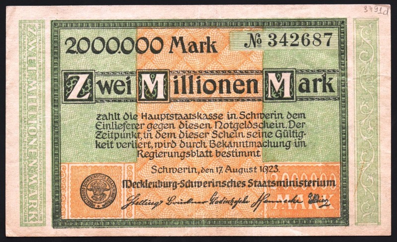 Germany 2 000 000 Mark 1923 Mecklenburg-Schwerin Notgeld
Keller# 3491d; № 34268...