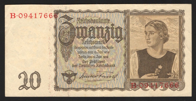 Germany 20 Reichsmark 1939 
P# 185; XF