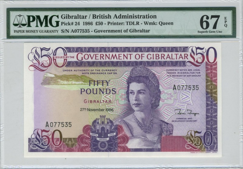 Gibraltar 50 Pounds 1986 PMG67EPQ
P# 24; Rare in 67 grade! SUPER GEM UNC