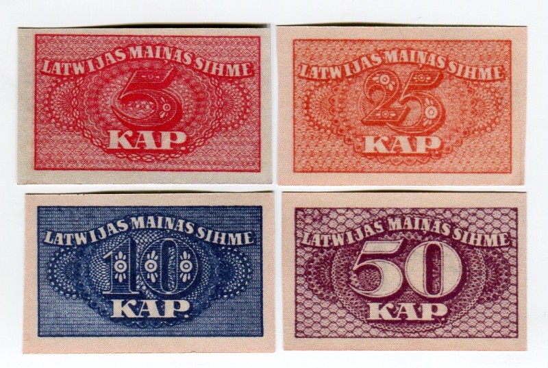 Latvia Set of 5-10-25-50 Kapeikas 1920 (ND) Collectors Copies!
P# 9-12