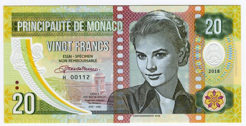 Monaco 20 Francs 2018 Specimen "Grace Kelly"
# H 00112;Gabris banknote; Mintage...