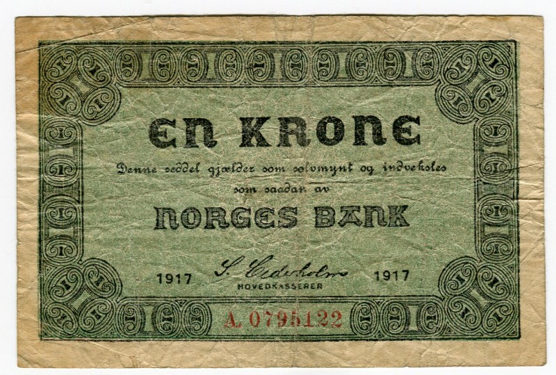 Norway 1 Krone 1917
P# 13a; Series A; F+