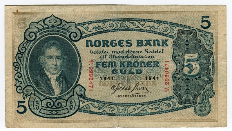 Norway 5 Kroner 1941
P# 7c; Series T; VF