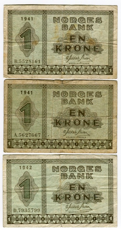 Norway 1 Krone 1941 & 1942 3 pcs
P# 15a; Series A, Series B, Series D;