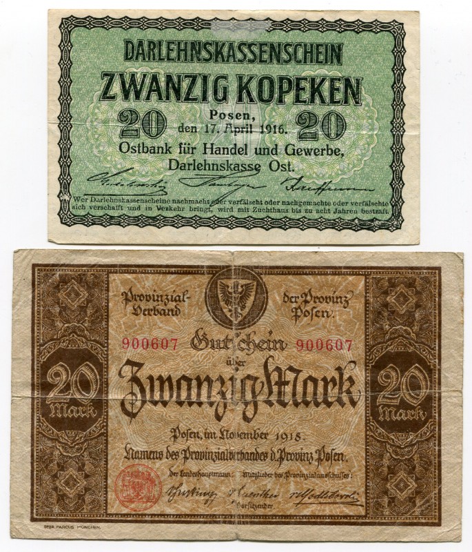 Poland Set of 2 Notes 20 Kopeken - 20 Mark 1916 - 18 Poznań
Poznań; 20 Kopeken ...