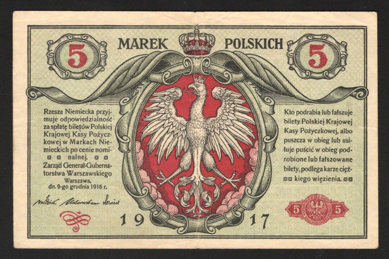 Poland 5 Marek 1917 
P# 10; B1333756; German Occupation; VF