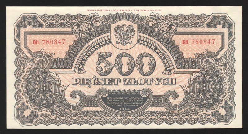 Poland 500 Zlotych 1944 (1974) Reprint
P# 119b; UNC