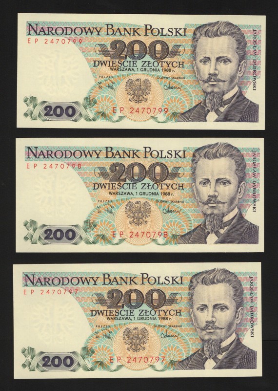 Poland 200 Zlotych 1988 3 Consecutive
P# 144c; UNC