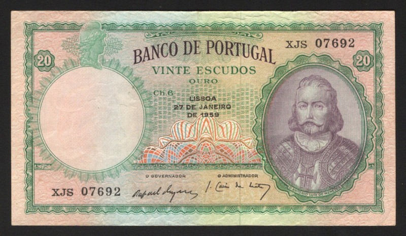 Portugal 20 Escudos 1959 
P# 153b; VF