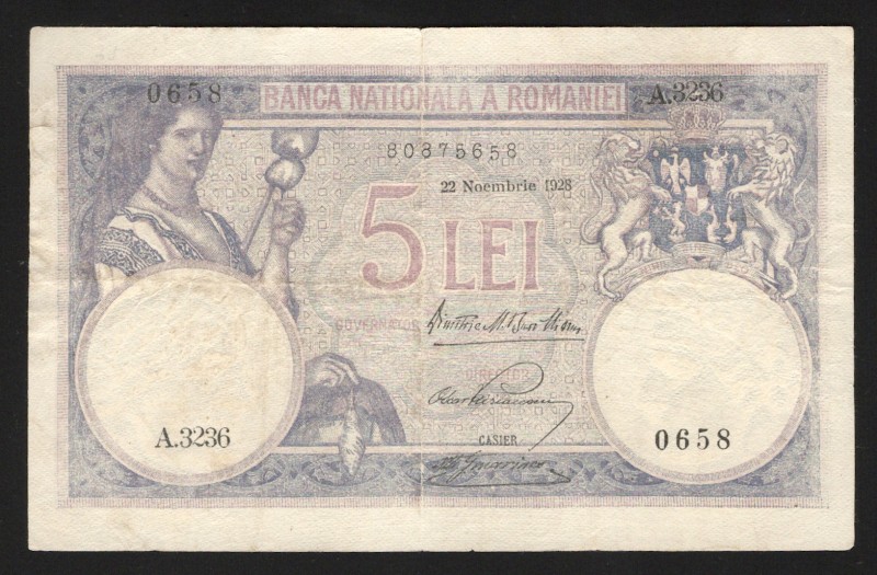 Romania 5 Lei 1928 Not Common
P# 19; VF