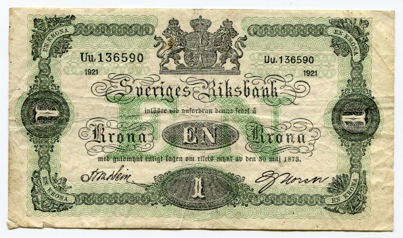 Sweden 1 Krona 1921 
P# 32h; № Uu 136590; VF