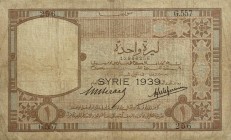 Syria 1 Livre 1939
P# 39a; VF. Rare note.