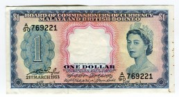 Malaya and British Borneo 1 Dollar 1953 
P# 1a; VF, crispy