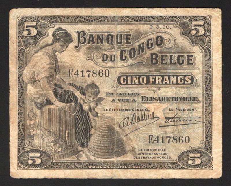 Belgian Congo Elisabethville 5 Francs 1920 Very Rare
P# 4; F