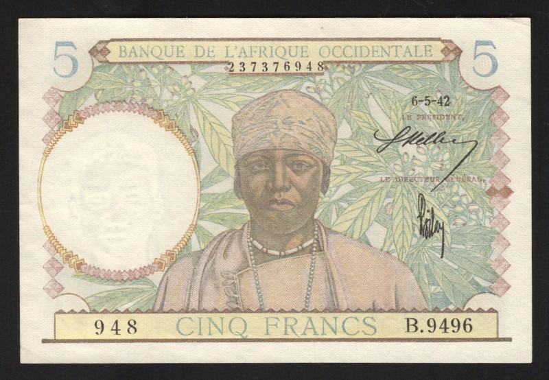 French West Africa 5 Francs 1942 
P# 25; aUNC