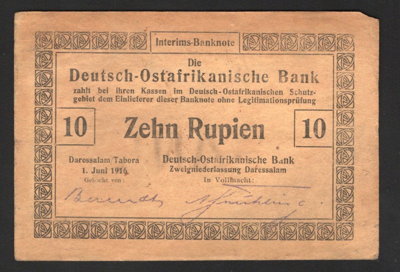 German East Africa 10 Rupien 1916 Rare
P# 41; VF-XF