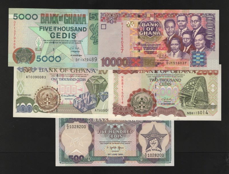 Ghana 500-1000-2000-5000-10000 Cedis 1994 -2003
P# 28,32-35; UNC