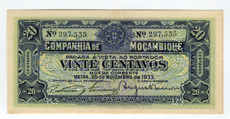 Mozambique 20 Centavos 1933 
P# R29; UNC