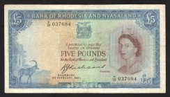 Rhodesia & Nyasaland 5 Pounds 1961 Very Rare
P# 22b; Estimate 1300 dollars in catalog; VF