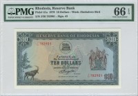 Rhodesia 10 Dollars 1979 PMG66EPQ
P# 41a; UNC.