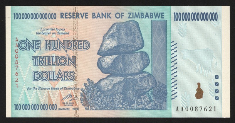 Zimbabwe 100 Trillion Dollars 2008
P# 91; The largest denomination of banknotes...