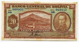 Bolivia 20 Bolivianos 1928 
P# 131; № 068957; XF-AUNC
