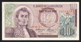Colombia 10 Pesos 1973 
P# 407d; UNC
