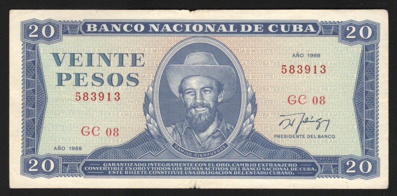 Cuba 20 Pesos 1988 
P# 105d; VF