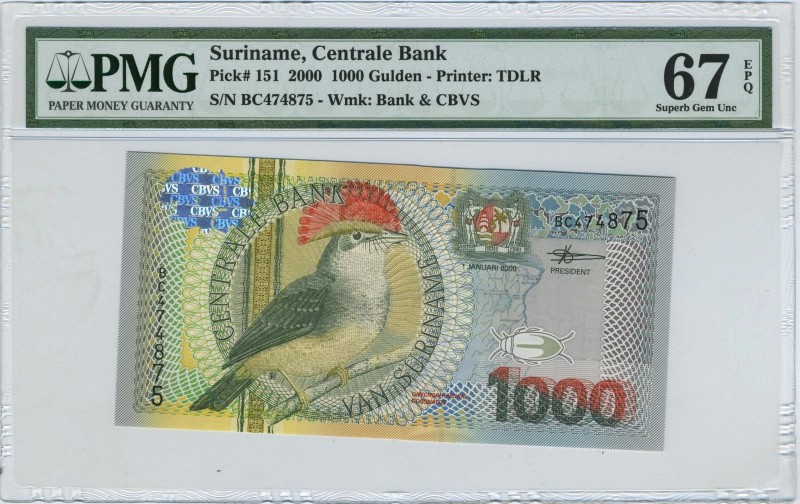 Suriname 1000 Gulden 2000 PMG67EPQ
P# 151; Rare in 67 GRADE! SUPER GEM UNC! Onl...