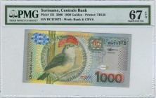 Suriname 1000 Gulden 2000 PMG67EPQ
P# 151; Rare in 67 GRADE! SUPER GEM UNC! Only few notes in this grade.