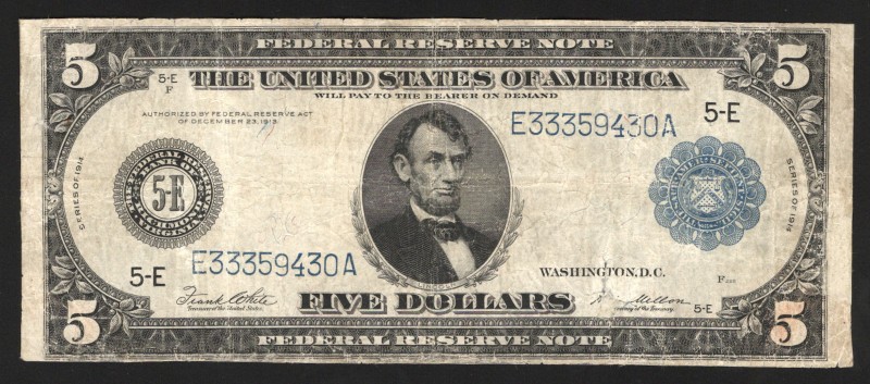 United States Federal Reserve Note 5 Dollars 1914 
P# 359bE; F