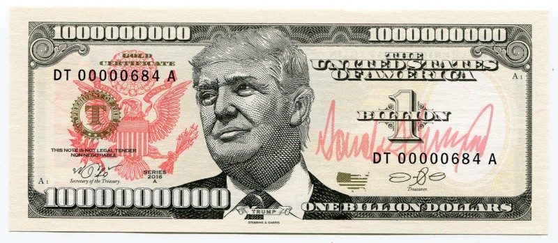 United States 1 Billion Dollars 2016 Specimen "Trump"
Fantasy Banknote; Limited...