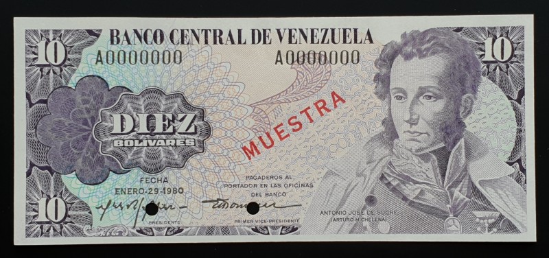 Venezuela 10 Bolivares 1980 Specimen A0000000
P# 57s; UNC