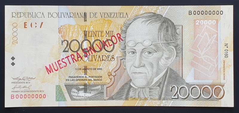 Venezuela 20000 Bolivares 2002 Specimen №0160 B0000000
P# 86s; UNC