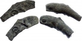 Ancient Greece 2 x Olbia AE in Shape of Dolphin 410 B.C.
Olbia. 410-400 BC. Æ 1/10 Obol. Cast Dolphin Rev: ΘΥ Ref: Nieczitajlo 86Б