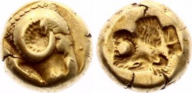 Ancient Greece Lesbos Mytilene Hekte Electrum 521 - 478 BC
Head of a ram to right, below rooster feeding to left. Rev. incuse lion's head with open j...