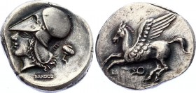 Ancient Greece Peloponnese Corinth AR Stater 375 - 300 B.C. Collectors Copy!
Silver 6.55g 20mm; By Sandoz; Pegasus flying left / Head of Athena to le...
