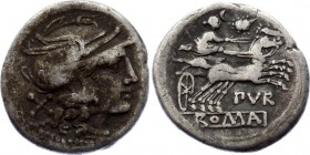 Roman Republic AR Denarius 169 B.C.
Silver 3.41g 18mm; Funius Purpurio. Denarius 169-158 BC. Rome. Obv. Helmeted head of Roma right, X to left. rev. ...