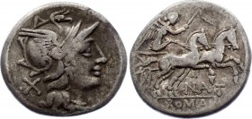 Roman Republic AR Denarius 155 B.C.
Silver 3.59g 19mm; Pinarius Natta. Denarius 155 BC. Rome. Obv. Helmeted head of Roma right, X to left. Rev. Victo...