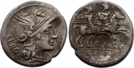Roman Republic AR Denarius 148 B.C.
Silver 3.63g 19mm; Q. Marcius Libo, 148 BC. Denarius, Rome. Obv. Helmeted head of Roma to right, behind LIBO, bef...