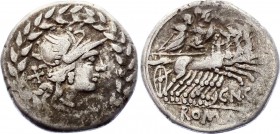 Roman Republic AR Denarius 138 B.C.
Silver 3.78g 19mm; Cn. Gellius, Denarius, Rome 138 BC, Helmeted head of Roma right, behind X, laurel-wreath as bo...