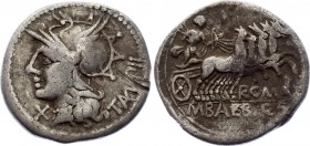 Roman Republic AR Denarius 137 B.C.
Silver 3.62g 20mm; M. Baebius Q. f. Tampilus. Denarius 137 BC, Rome. Helmeted head of Roma left. X mark to lower ...