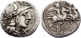 Roman Republic AR Denarius 136 B.C.
Silver 3.76g 17mm; Cn. Lucretius Trio. Denarius, 136 BC, Rome. Obv. Helmeted head of Roma right, below X. Rev. di...