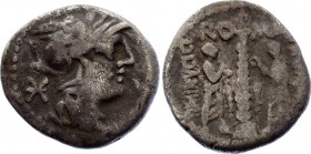 Roman Republic AR Denarius 134 B.C.
Silver 3.65g 18mm; Ti. Minucius X. f. Augurinus. 134 B.C. Denarius. Rome mint. Helmeted head of Roma right, mark ...