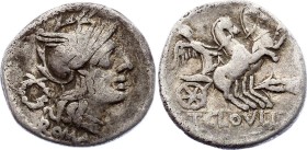 Roman Republic AR Denarius 128 B.C.
Silver 3.80g 19mm; T. Cloelius. Denarius, 128 BC, Rome. Obv. Helmeted head of Roma right, wreath to left, ROMA be...