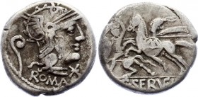 Roman Republic AR Denarius 127 B.C.
Silver 3.8g 17mm; C. Servilius Vatia. Denarius 127 BC. Helmeted head of Roma right, mark below shin, litius behin...